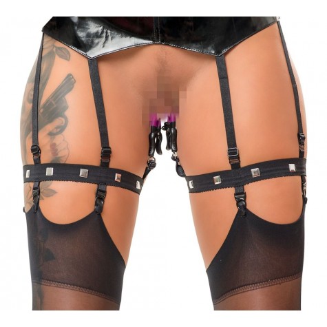 Черная сбруя на бедра с зажимами для половых губ Suspender Belt with Clamps